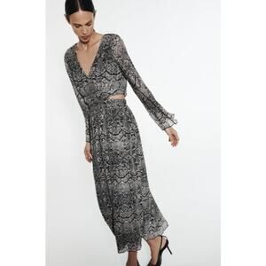Zara Black & Gray Snake Print Midi Dress Cut Outs V-Neck Long Sleeve Size Small
